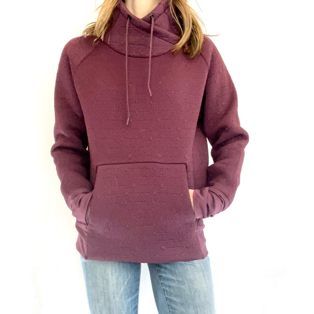 Athleta burgundy textured sweatshirt tunic funnel neck kangaroo pocket size XS
